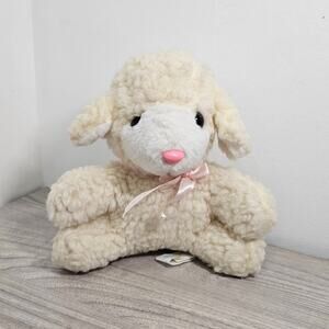 Toyland Vintage Cream White Sheep Lamb Plush Pink Bow Pink Nose Sitting Baby